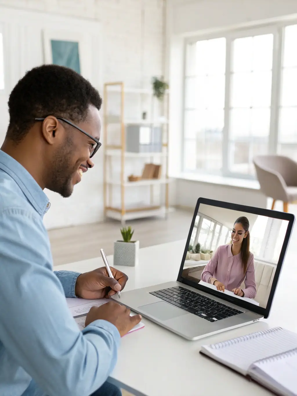 A recruiter is conducting a video interview with an AI engineer, highlighting our personalized approach to candidate selection.