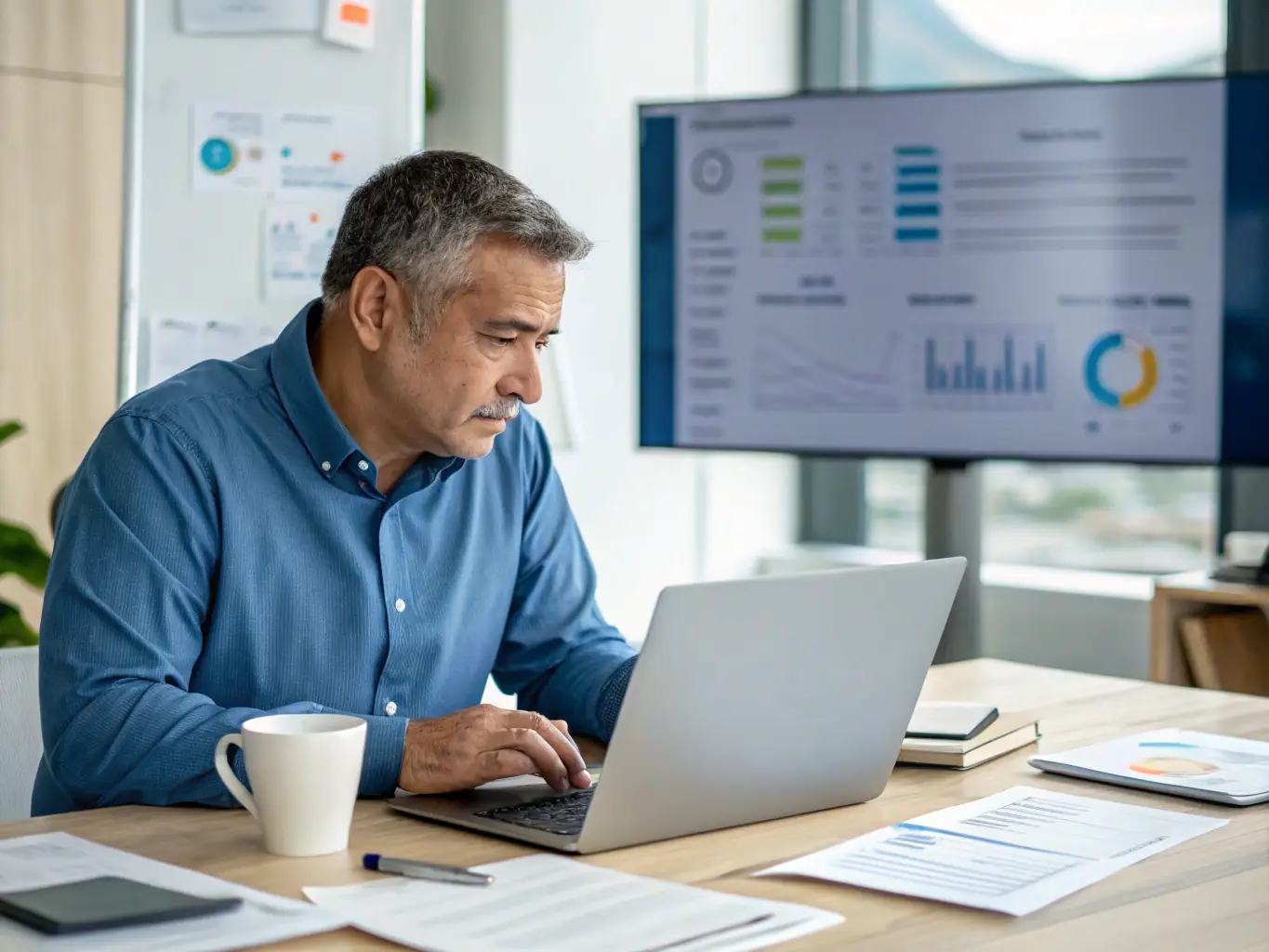 A Talent Hunt Group team member reviewing AI engineer profiles and qualifications. The image should highlight the use of advanced tools and techniques to identify top talent.