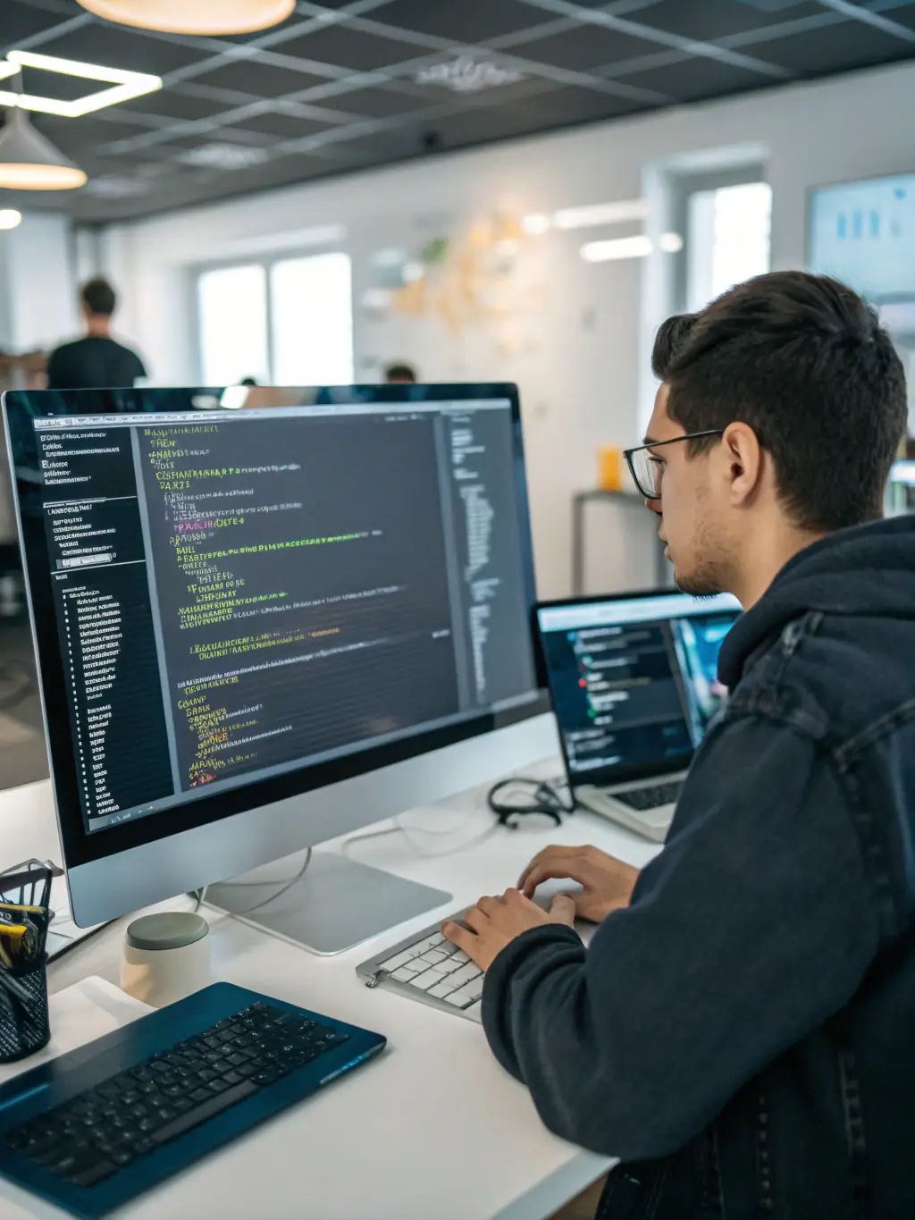 A professional AI engineer is reviewing code on a large monitor in a modern office setting, symbolizing our meticulous candidate assessment process.