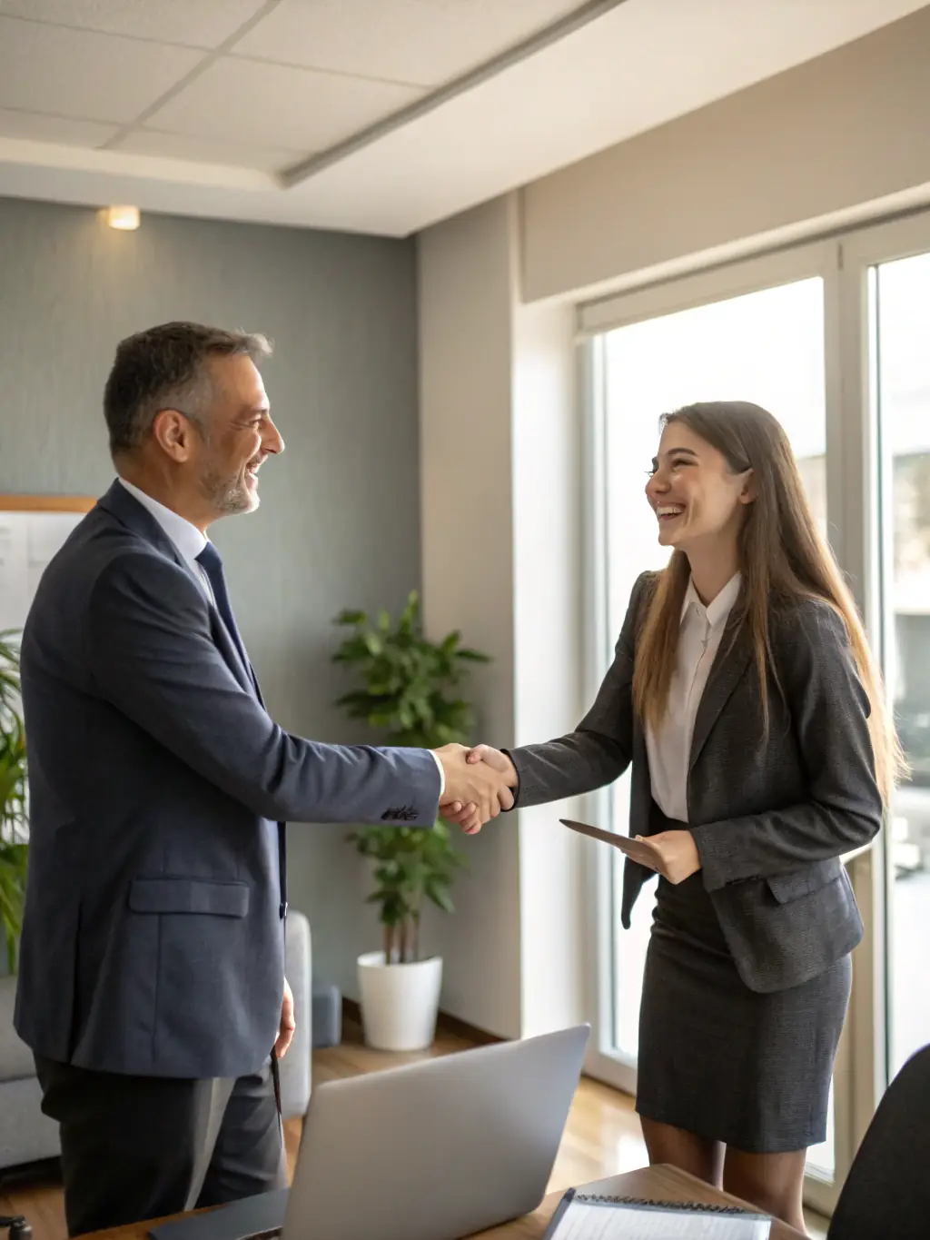 A handshake between a recruiter and an AI engineer, symbolizing successful placement and satisfaction for both parties.