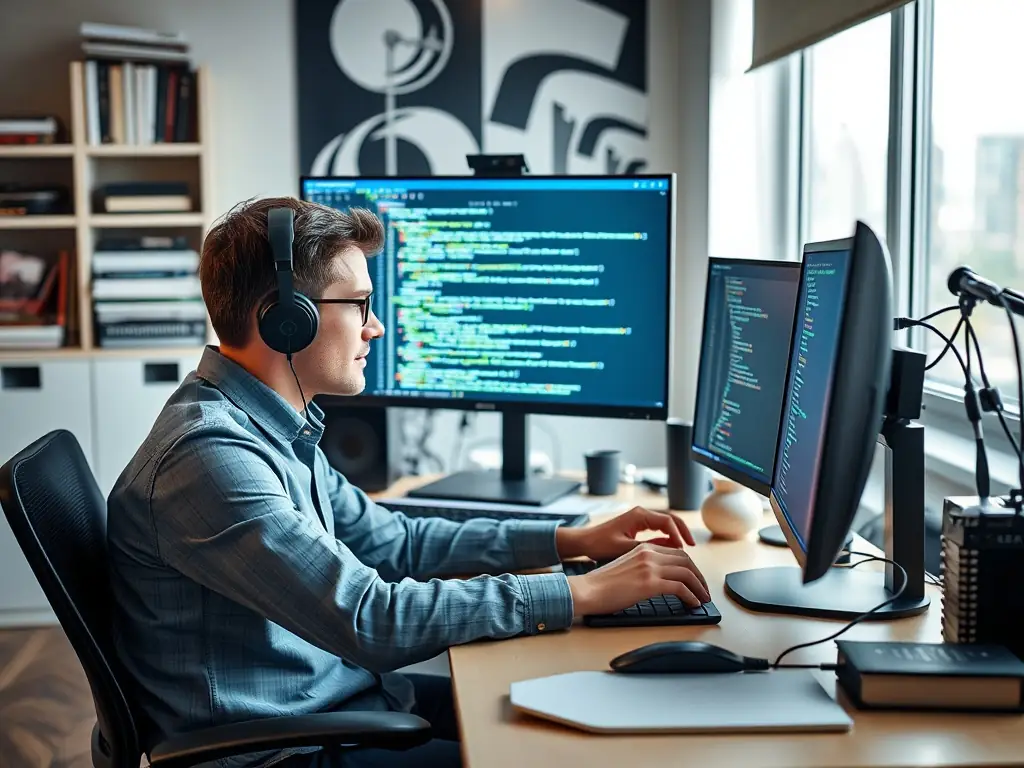A focused AI engineer is deeply engaged in coding at a modern workstation, surrounded by multiple monitors displaying complex algorithms and data visualizations, reflecting the intensity and precision required in AI development.