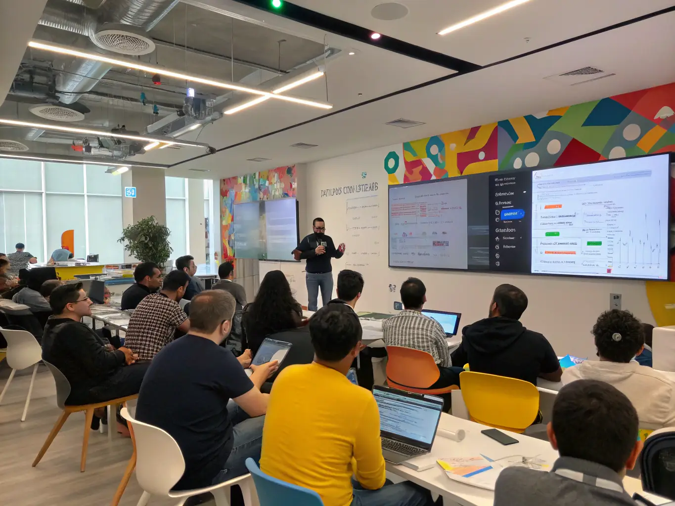 A senior AI engineer leads a training session, mentoring junior engineers on the latest AI technologies and best practices, showcasing Talent Hunt Group's commitment to continuous learning and development.