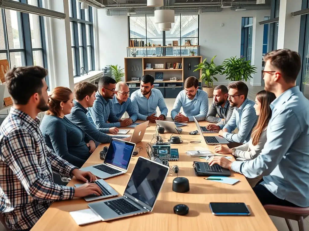 A diverse team of AI engineers collaborates in a bright, open office space, brainstorming ideas and solving complex problems, highlighting the collaborative and innovative environment fostered by Talent Hunt Group's recruitment.