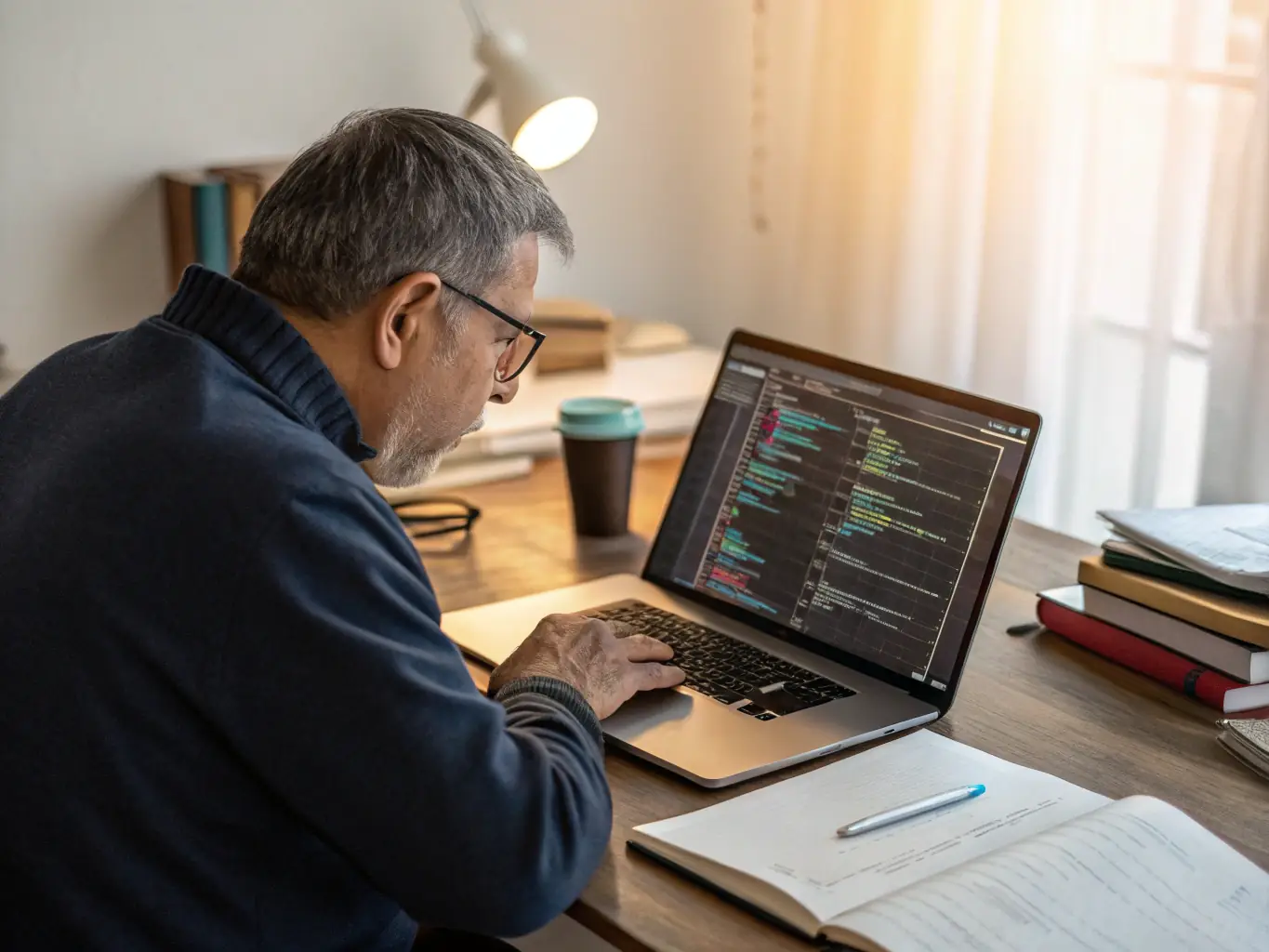 An AI engineer is working on a complex algorithm on a computer, showcasing their problem-solving skills and attention to detail.